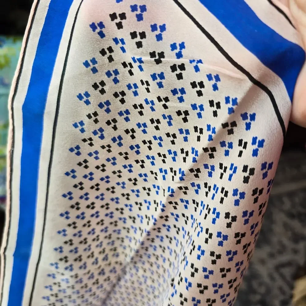 Vintage Silk Scarf Square Blue Black Birdseye Print Classic 70s Preppy Timeless